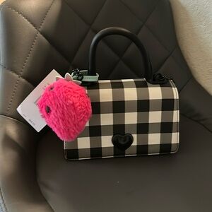 Checkered Handbag with Pink Pom Pom
